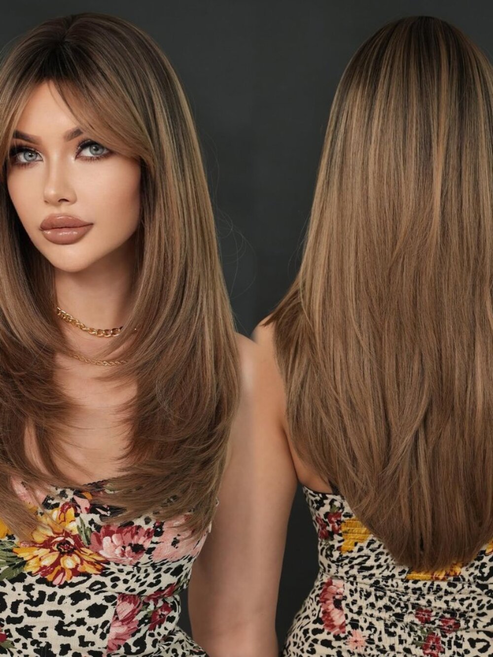 Long Blonde Brown Highlight Wig with Bangs for Women